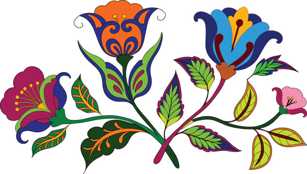 Traditional Folk Art Floral Vector Ornament Featuring Colorful Decorative Flowers and Intricate Swirling Vines for Folkloric Slavic Embroidery Designs