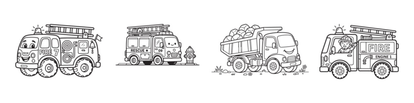 Cartoon fire truck and dump truck coloring page set, cute vehicle characters with smiling faces, 4 transport icons in black and white line art