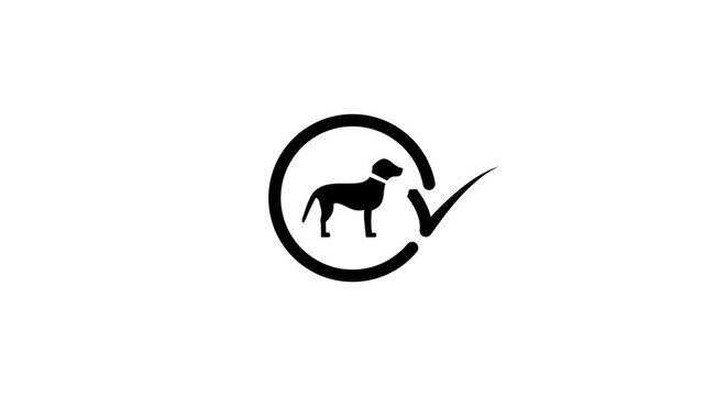 Dog silhouette with check mark symbol animation on white background representing pet safety.