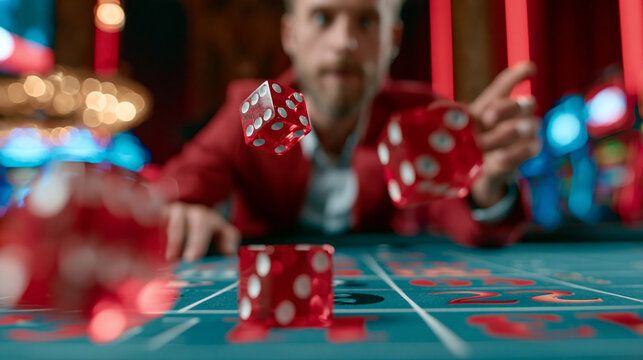 Man throwing red dice on a casino table in a high-stakes gambling scene