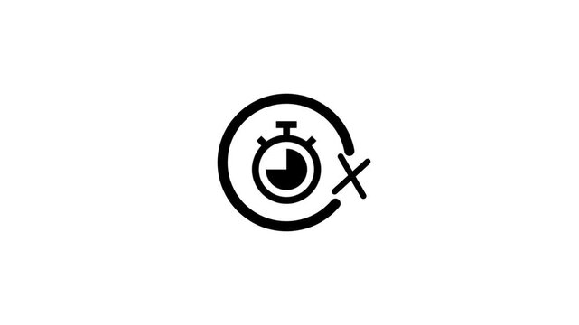 Black minimalist timer icon animation with progress ring and cancellation cross on white.