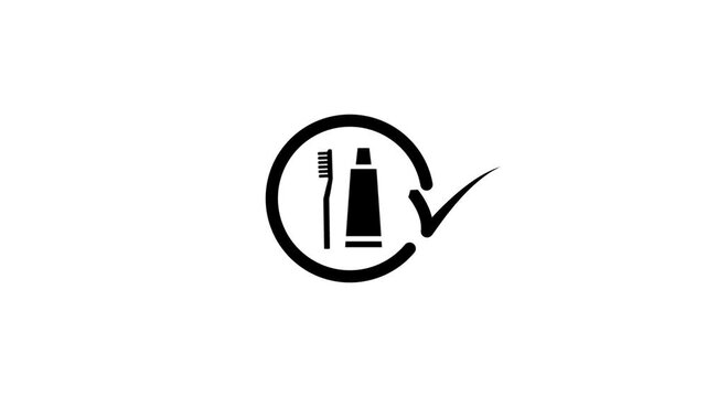 Animation showing toothbrush and toothpaste tube inside circle with checkmark flat icon.