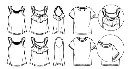 Naklejka premium Girls Ruffle Tank Top and Casual Tee Shirt Fashion CAD Flat Sketch Vector Set