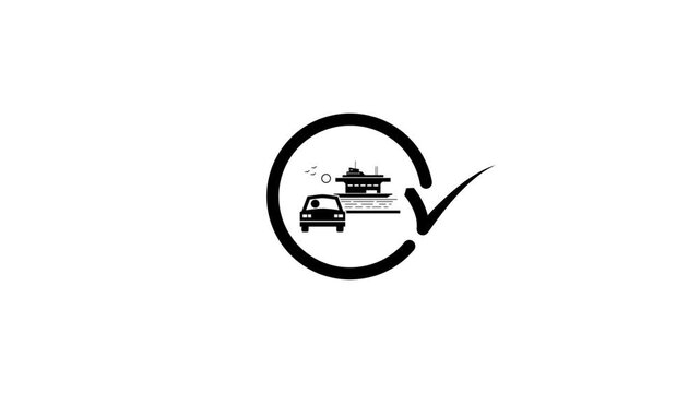 Abstract loading circle animation turns into checkmark with car and ferry symbols.