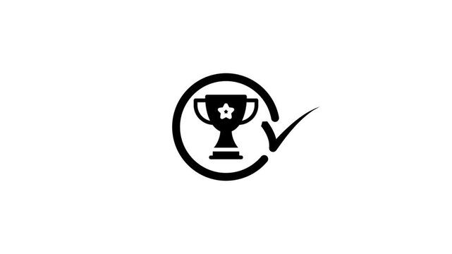 Animated trophy icon with checkmark symbol appearing on white background in smooth motion.