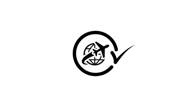 Travel agency logo animation with globe and airplane icon appearing on white background.