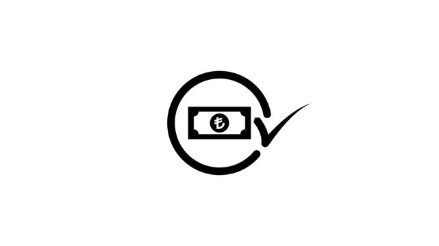 Turkish lira currency symbol inside circle with checkmark animated icon for web design.