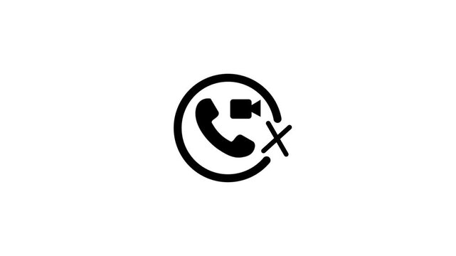 Minimalist black telephone and video camera icon animation with an x mark on white background.