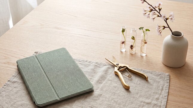 Desk with tablet, scissors, sprouts in vials, and cherry blossom branch in vase.