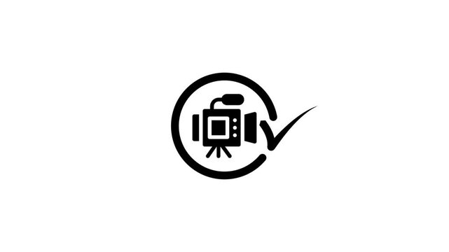 Minimalist video production logo animation featuring professional camera icon and checkmark.