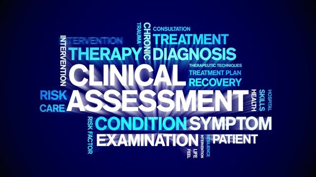 Clinical Assessment animated word cloud-text design animation tag kinetic typography seamless loop.
