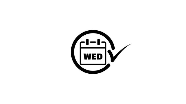 Black calendar icon showing wednesday with check mark symbol animation on white background.