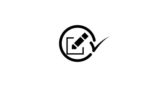 Animated icon showing pencil writing on document with checkmark symbol for digital design.