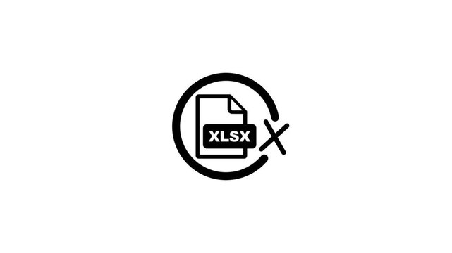 Minimalist black and white animation of rejected xlsx spreadsheet file icon with cross mark.