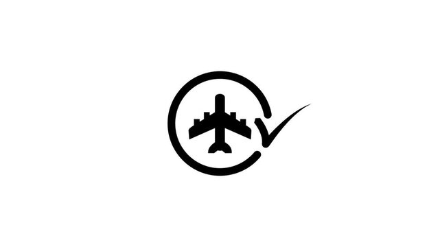 Minimalist aviation checkmark animation featuring black airplane icon on white background.