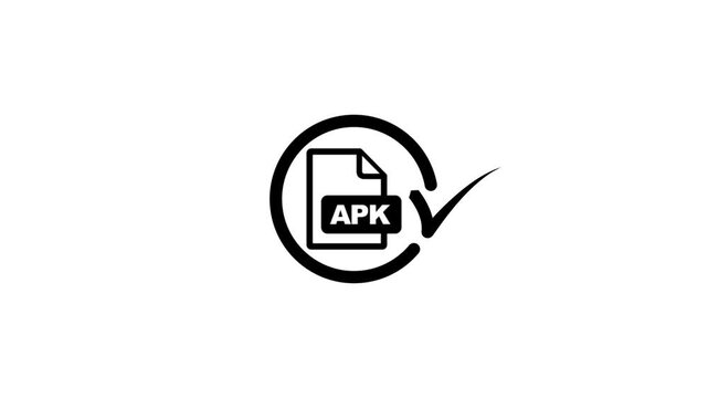 Animated loading circle icon transforms into check mark over apk file symbol.