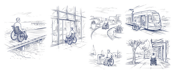 Fototapeta premium Wheelchair accessibility line art drawing of a disabled man navigating inclusive public infrastructure, including public transit, building entrances, ramps, and boardwalks in a hand-drawn style.