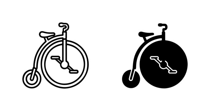 Vintage Penny Farthing Bicycle Icons, Retro High Wheel Cycle Vector Graphics, Old Fashioned Transport Symbols