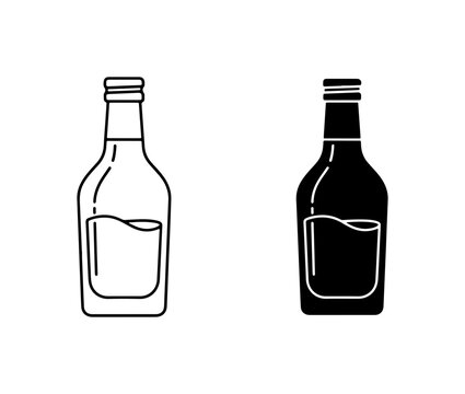 Two Vector Bottle Icons: Outline and Silhouette, Clear Liquid, Bar and Restaurant Graphics
