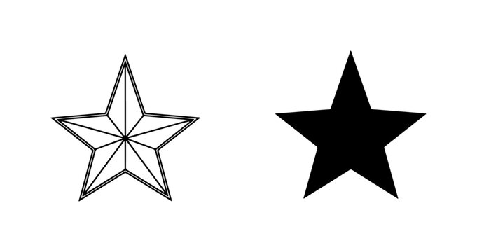 Five Point Star Icons, Geometric Outline and Solid Black Vector Shapes, Celestial Symbol Graphics