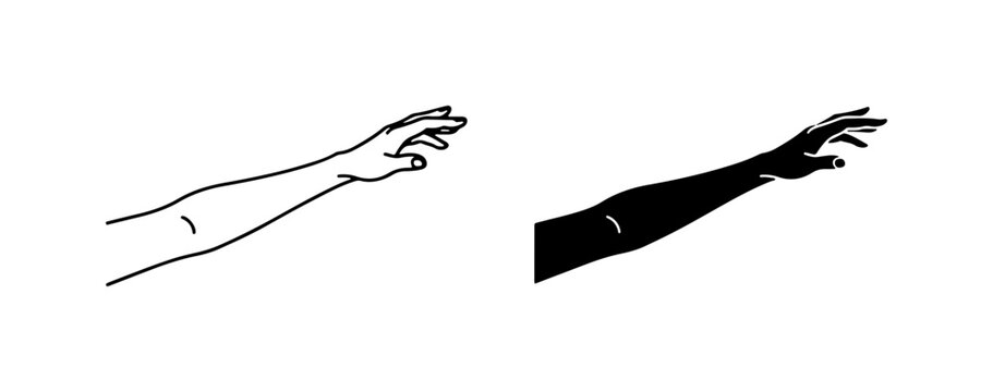 Reaching Hand Vector, Outline and Silhouette, Human Arm Gesture, Grasping Motion