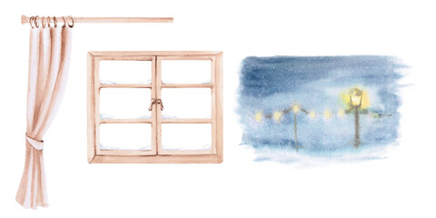 Isolated watercolor set with a window, curtain and winter landscape to create an atmosphere of warmth and tranquility, design for Christmas cards, packaging, websites, blogs, children's books. © Svetlana