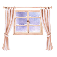A winter window behind a curtain. Isolated watercolor illustration for creating an atmosphere of warmth and tranquility, for Christmas card designs, packaging, websites, blogs, and children's books. © Svetlana