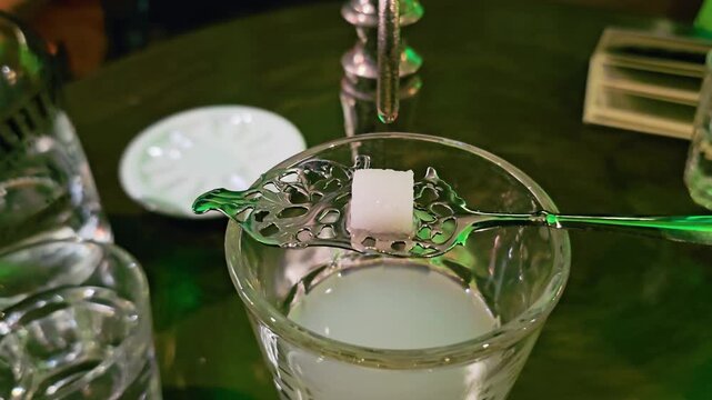 Macro shot of sugar cube on ornate absinthe spoon above a glass as chilled water drips from a fountain, creating a cloudy louche effect in a dim green cocktail lounge.