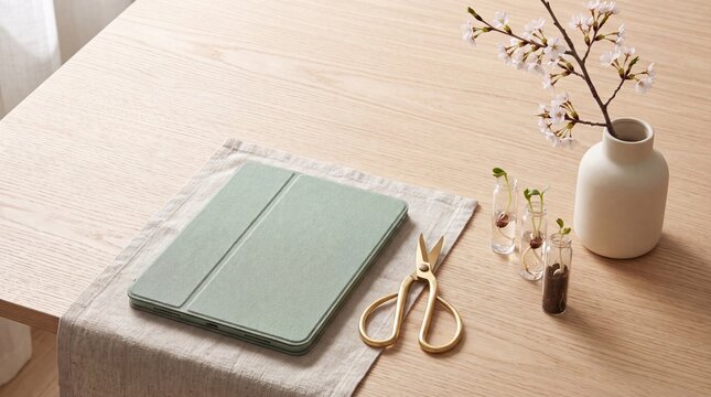 Wooden table with tablet in sage green case, gold scissors, vase with flowers and sprouts.