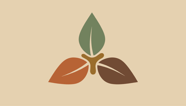 Minimalist logo emblem consisting of three leaves in autumn colors of green, orange, and brown on a warm background.