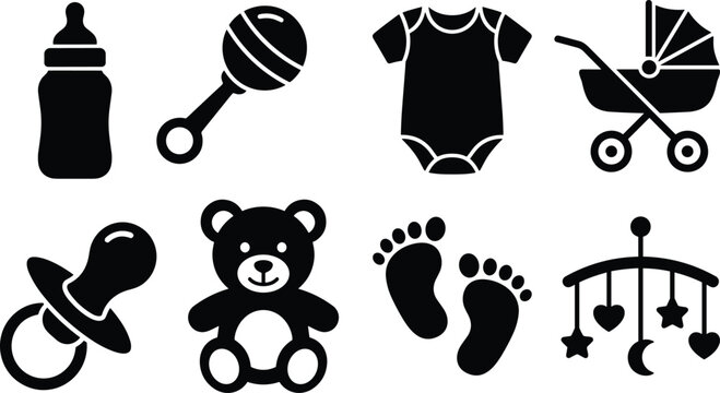 Baby and Childcare Silhouette Icons with Bottle, Rattle, Onesie, Stroller, Pacifier, Teddy Bear, Footprints, and Mobile