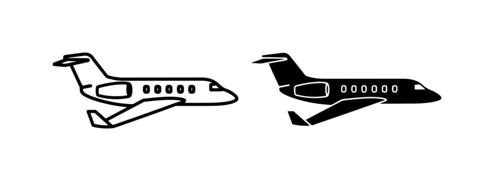 Private Jet Icons, Business Aviation Aircraft, Luxury Travel Transportation, White and Black Vector Graphics