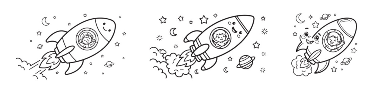 Cute space rocket coloring page set, hand drawn cartoon spaceship illustrations for kids, black and white cosmic adventure vector line art