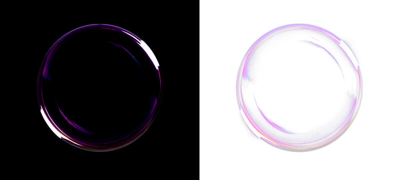 Dense transparent soap bubbles with iridescent highlights, isolated on a transparent PNG image on a black background. Soap bubbles with colorful iridescent highlights.