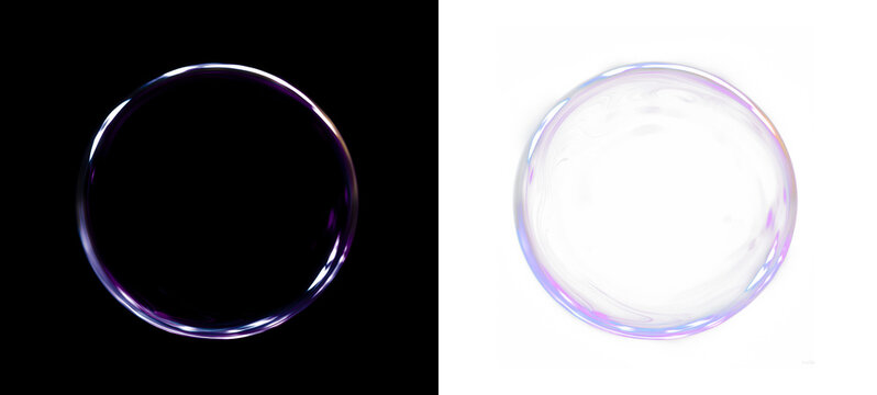 Soap bubbles with colorful iridescent highlights. Dense transparent soap bubbles with iridescent highlights, isolated on a transparent PNG image on a black background.