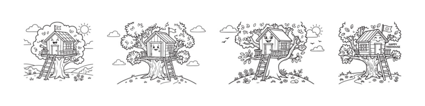 Hand drawn treehouse illustrations, set of 4 whimsical tree house sketches, black and white line art of wooden cabins in trees for coloring books