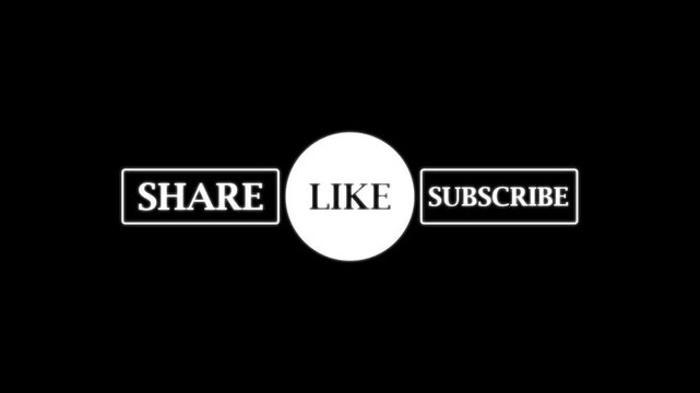 Minimalist white social media call to action button set with share like and subscribe text on isolated dark black background for video creator overlay