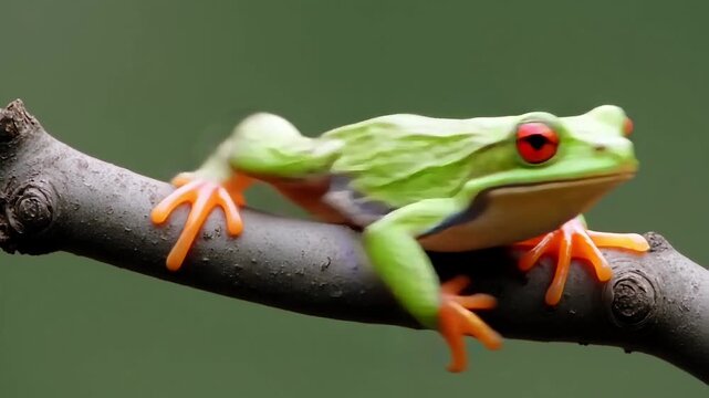 Red-eyed tree frog clinging to a branch in rainforest. Vibrant green amphibian with bright orange feet and striking red eyes perched on wood.