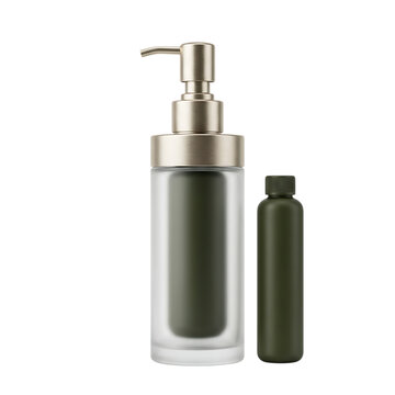 Luxury dark green cosmetic bottle with a pump dispenser and a small matching skincare vial for beauty products