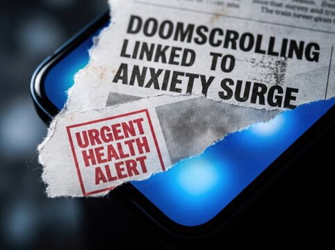 Torn newspaper clipping warns of doomscrolling anxiety on glowing smartphone, screen addiction