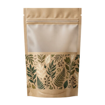 Empty brown paper pouch bag with a clear plastic window and green plant pattern design for food packaging