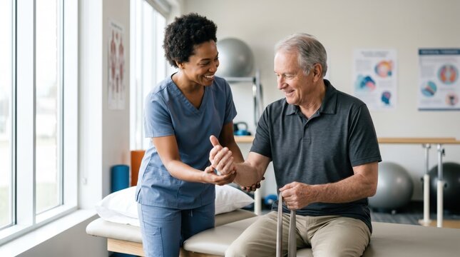 Smiling female physiotherapist assisting senior man patient with arm exercise during rehabilitation session in bright clinic, healthcare support and elderly care concept with po...