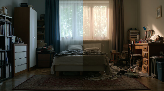 Bedroom split between organized cool-toned order and warm chaotic mess, mental state and mind duality concept