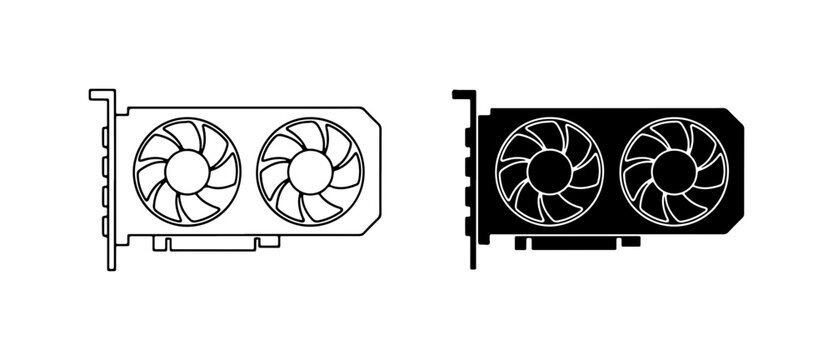 Dual Fan Graphics Card Icons, Computer Hardware Vector Set, Gaming PC Component Illustrations