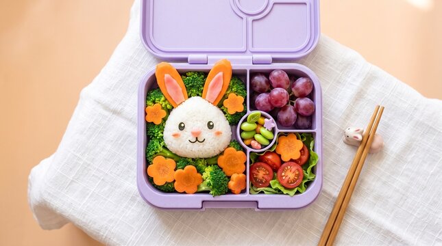 Bento box featuring a rice ball shaped like a rabbit surrounded by broccoli, carrots, and grapes serves as a nutritious meal for children.