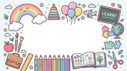Obraz premium School supplies and educational toys surround a central area for text to create a playful learning background.