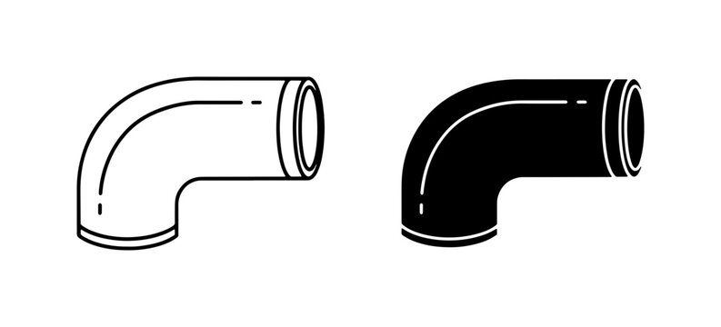 Plumbing Elbow Pipe Fitting, White Outline and Black Silhouette Icons