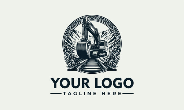 Industrial excavator logo design with mountain landscape and rail tracks for construction branding