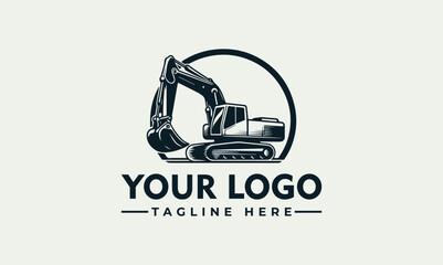 Excavator logo template with vintage digger illustration and placeholder text for construction branding © nuaari