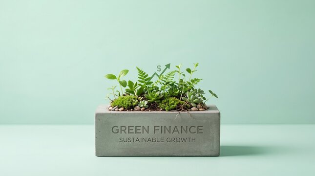Concept of green finance and sustainable growth with small plants growing in a concrete pot representing eco-friendly business investment